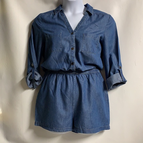 JACK women’s M blue chambray snap button down tab sleeves denim romper. - Picture 6 of 8